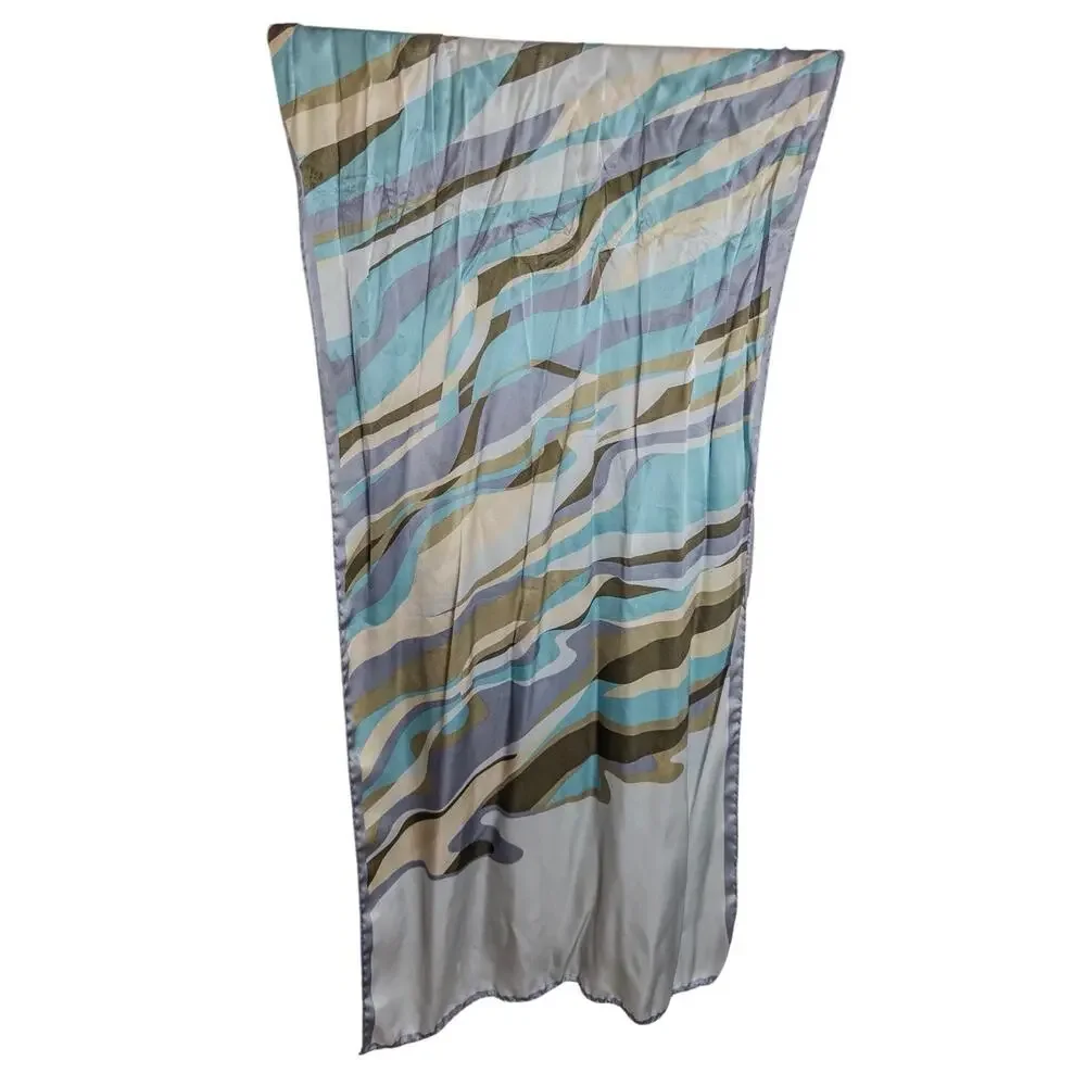 Vintage Made In Italy 100% Silk Abstract Wave Print Scarf Blue Green
